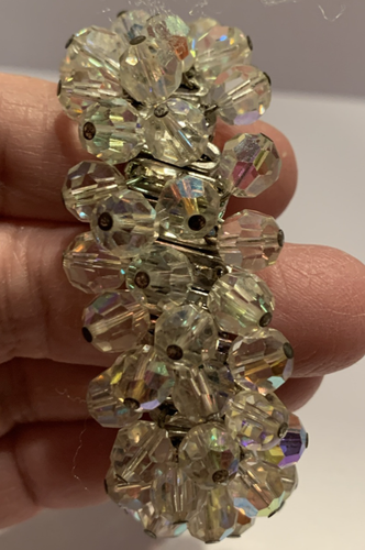 Vintage AB Aurora Borealis Beads Cha Cha Bracelet Expandable Silver Tone - Picture 2 of 6