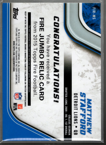 A9991- 2015 Topps Fire Jumbo Relics Green #FJRMS Matthew Stafford Jersey /99 - Picture 2 of 2