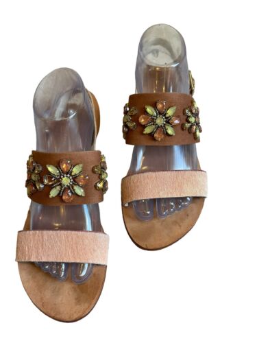 Anthropologie Flat Sandal Sling Back Rhinestone Brown Size 8.5 - Picture 3 of 8
