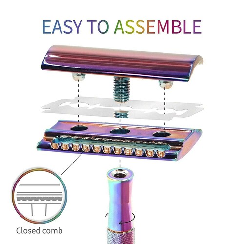 Rasierhobel für Herren + 10 Double Edge Klingen Metall Wiederverwendbar Öko Bunt Regenbogen - Bild 12 von 18