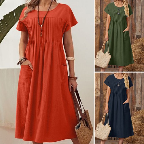 ZANZEA Women Summer Short Sleeve Pleated Casual Sundress Party Kaftan Long Dress - Bild 2 von 15