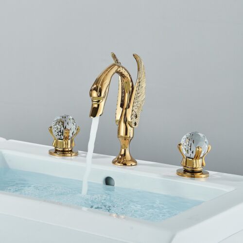 Gold Swan Bathroom Sink Faucet 3 Holes 2 Handles Mount Mixer Waterfall Sink - Bild 7 von 14