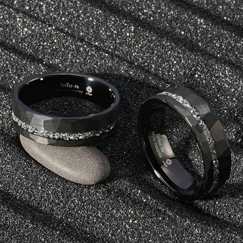 Anillo de tungsteno negro meteorito de 8 mm línea de astilla para hombre banda de boda ENCIMA joyería - Imagen 4 de 8
