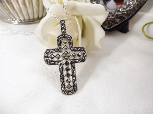 Stunning Large Vintage Sterling Silver Marcasite Cross Pendant 925 - Picture 1 of 16