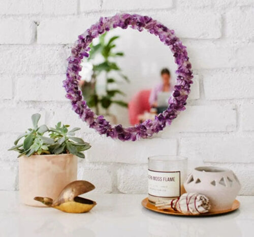 Espejo de pared de cristal amatista | Espejo de piedras preciosas púrpuras de lujo hecho a mano para el hogar - Imagen 2 de 7