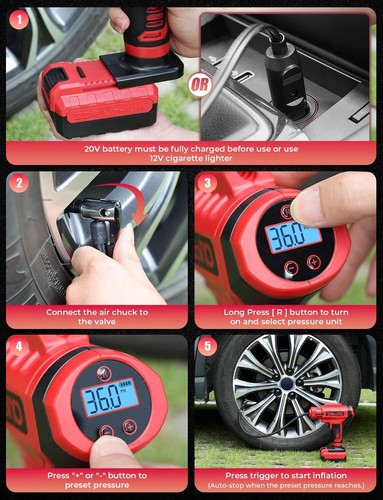 12V Tire Inflator Portable Air Compressor for Car,Cordless Tire Pump,150 PSI,Red - Picture 9 of 10