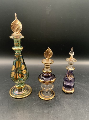 3 Mini Ägyptische Parfum Flakons Bunt Mundgeblasen Kunst Glas Fläschchen - Bild 1 von 6