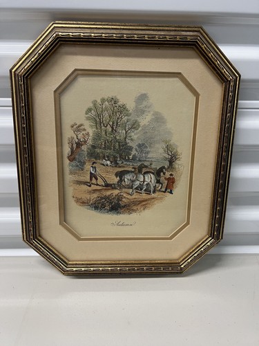 Vintage Painting Field BF Working Autumn Plowing Framed US Horse 14x12" Hangable - Picture 2 of 15