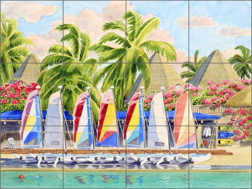 Keramikfliese Wandbild Backsplash Drew Tropical Segelboot Boot Strand Kunst RW-EJD003 - Bild 2 von 4