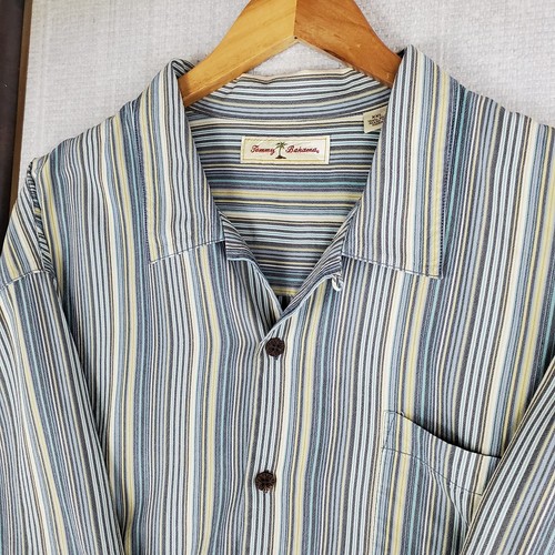 TOMMY BAHAMA Size 2XL Mens 100% Silk Vert Blue Yellow Pastel Striped Camp Shirt - Picture 10 of 16