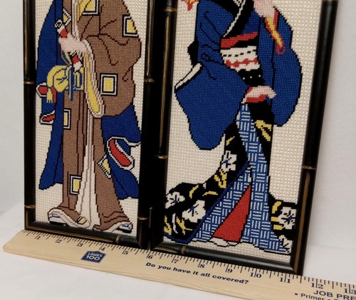 Vintage Handmade Japanese Geisha Asian Man Needlepoint Art Framed - Picture 3 of 12