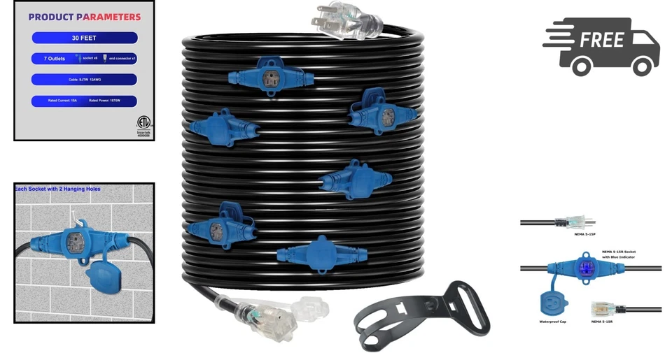 Extension Cord 30ft 7 Outlet Heavy Duty Power Strip Multiple Outlets - Image 2 of 4