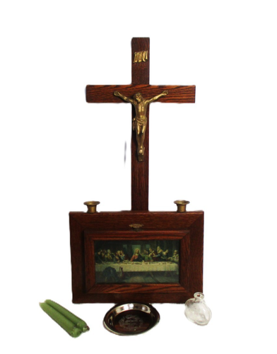 Vintage Last Rites Altar Set 24" Antik Krankenruf Eichenholz mit Spelter Kruzifix