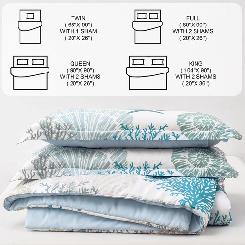 Coastal Comforter Set King Size 3 Piece, Soft Beach Themed Comforter, Ocean N - Picture 7 of 8