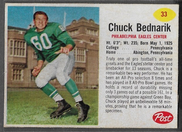 1962 Post #33 Chuck Bednarik (HOF) (EX) Philadelphia Eagles