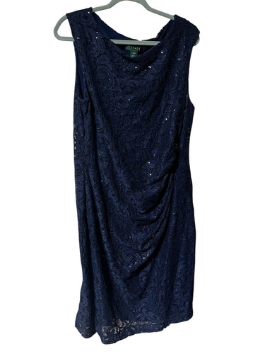 Lauren Ralph Lauren Abendkleid dunkelblau Pailletten Gr. 16 W Midi - Bild 1 von 4