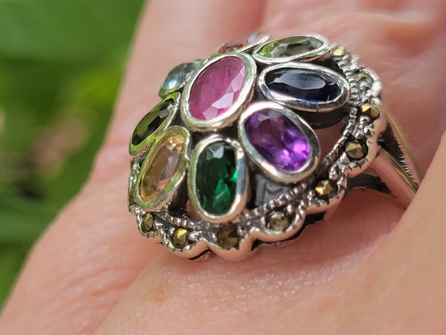 Multi-Stone Emerald Ruby Sapphire Marcasite Ring Size 7.5 925 Sterling Silver - Picture 11 of 13