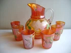 Fenton Carnival Glass Marigold Canon Ball Lotus Water Pitcher & 6 Glasses