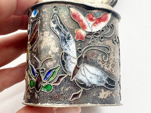 ANTIQUE SOLID SILVER CHINESE ENAMEL BOX BUTTERFLY FLORAL DESIGN ORIENTAL - Picture 11 of 16