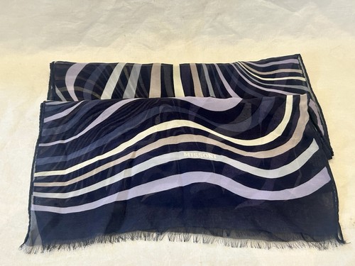 Missoni 100% Silk Rectangle Scarf Raw Edge Designer Blue Stripe Luxury Gift Idea - Picture 17 of 20