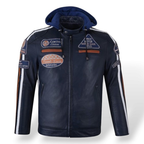 Motorradjacke Herren Vintage schwarz Leder mit abnehmbarem Hoodie & CE-Zulassung - Bild 17 von 27