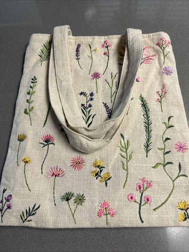 Barnes & Noble Wildflower Embroidered Canvas Tote Bag 13x15 Eco Shopper - Picture 2 of 9