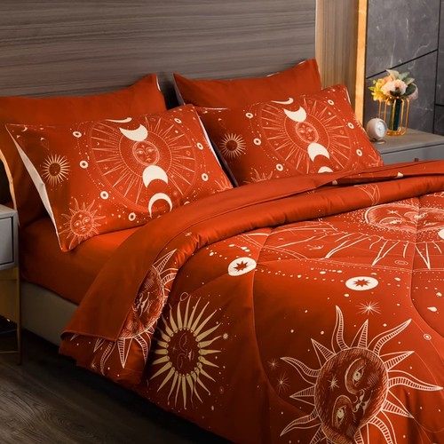 Orange Comforter Set Boho Bedding Witchy Bedding Celestial Bedding Starry Gal...