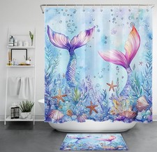 Blue Ocean Seashell Coastal Pastel Mermaid Shower Curtain Set for Bathroom Decor