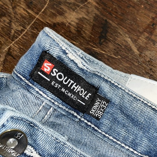 Pantalones de mezclilla Southpole para hombre talla 38x32 azules elásticos ajustados hip hop desgastados - Imagen 6 de 10