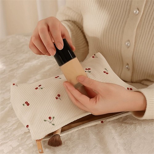 with Lining Cherry Makeup Bag Corduroy Cosmetic Organizer Bag Daily Use - Picture 11 of 11