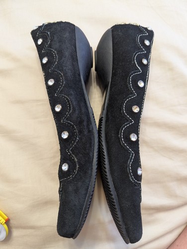 Damenschuhe Wildleder niedriger Absatz gelber Karton schwarz Leder Strass Jackie Größe 6,5 - Bild 22 von 22