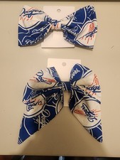 LA Dodgers Logo Girls Hair Bow Wide White Blue Ribbon Ponytail Clip Set Of 2