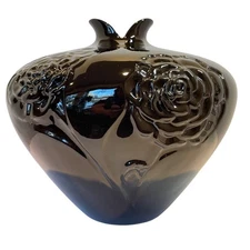 Large Vintage Haeger Black Ceramic Embossed Rose Vase 1988 Vintage
