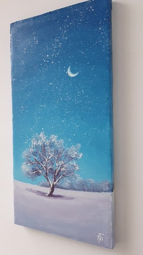 Original Snowy Painting Winter Night Stars Tree Holiday Wall Art Decor - Picture 23 of 24