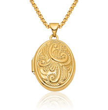 14K Solid Yellow Gold Reversible Oval Photo Locket Necklace