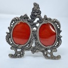 Vintage Double Picture Frame Ornate Filigree Victorian Silver Pewter Finish