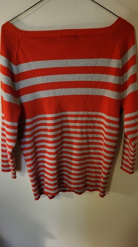 Liz Claiborne Sweater Cotton Nylon L Sleeve Red Gray Stripe 26 L 26 Across Front - Picture 7 of 24