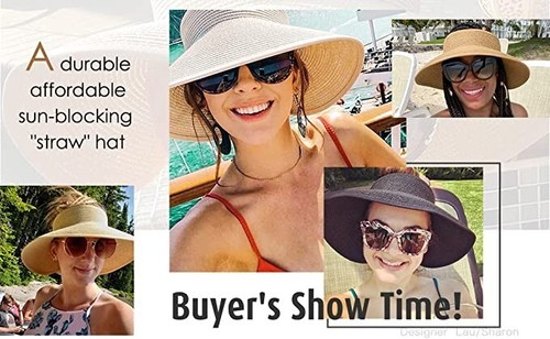 Hatiis Sonnenblenden für Frauen breite Krempe Stroh Strandmütze verpackbar Aufrollvisier Witz - Bild 2 von 2