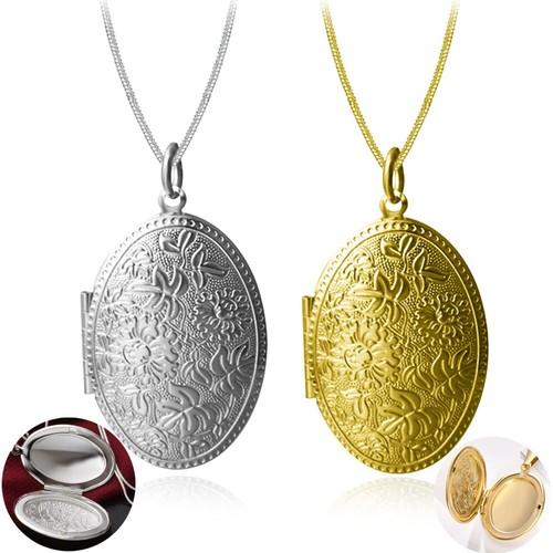 Engraved Oval Photo Locket Open Pendant 18 inch Necklace 925 Silver Hallmarked - Picture 2 of 20
