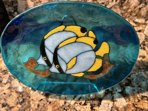 Vintage 1996 Wheeler Signed Hand Painted Rare Blue Stained Glass Tropical Fish - Picture 10 of 12