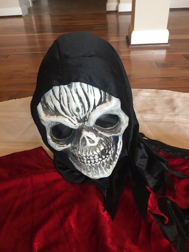 H5) SCARY SKELETON ROBE & MASK HaLLoWeeN COSTUME ADULT M/STANDARD - Picture 2 of 6