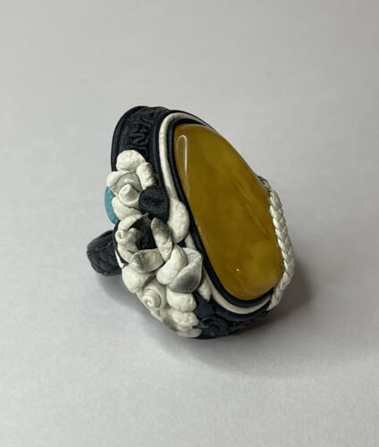 Amber Leather Ring.EGG YOLK Amber Stone Ring With Leather.Handmade Leather Ring. - Picture 3 of 12
