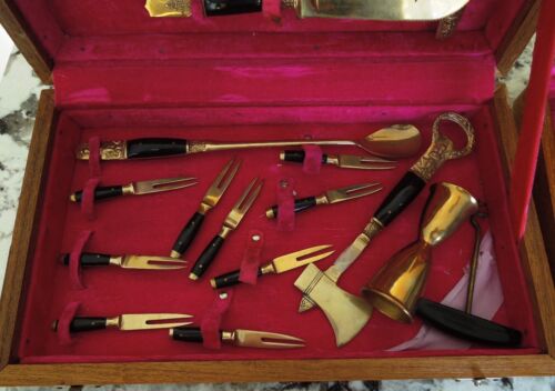 SETS of VINTAGE SAMRAN BRASS and Rosewood FLATWARE and BARWARE with CASE - Picture 4 of 7