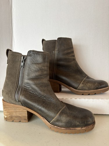 SOREL Cate Leather Ankle Bootie Waterproof 7.5 NL3381-245 Olive Green Side Zip - Picture 2 of 14