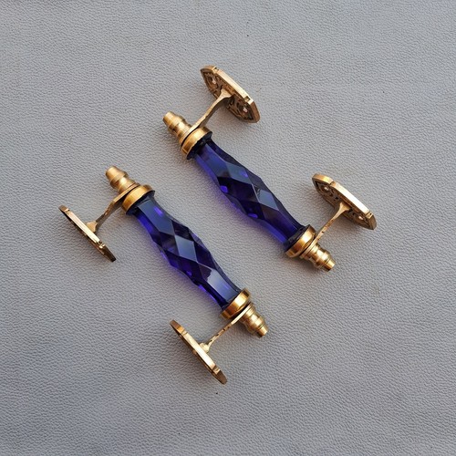 VTG Victorian Handmade brass n glass Prism blue art decor door drawer handle 2pc - Picture 2 of 6