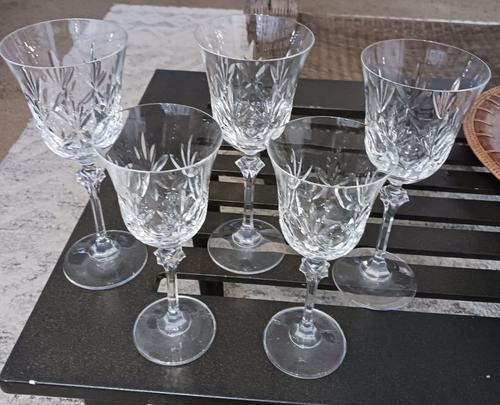 5 Crystal Clear Precision Cut Vintage Crystal Wine Glass 3 Large 2 Medium - Picture 5 of 7