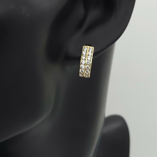 Orecchini Huggie Cerchio 14k 585 Oro Giallo Piccola Pietra Bianca 2 Fila 14' mm Nuovi - Foto 2 di 12