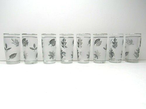8 Libbey Silver Foliage Juice Glasses Set Vintage 4" Frosted Leaf Glass Tumblers - Picture 3 of 12