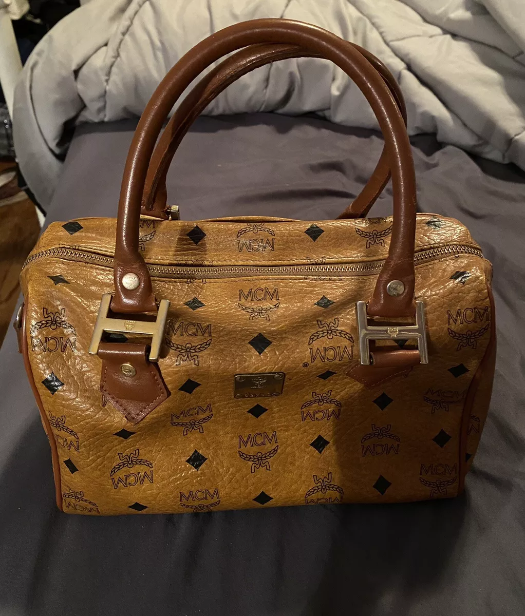 100 Authentic MCM Cognac Visetos Boston Hand Bag eBay