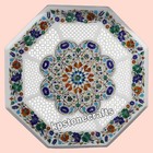 Antique White Marble Coffee Table Top – 22" Inlaid with Semi-Precious Stones
